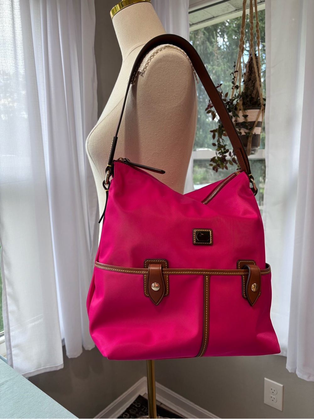 Dooney & Bourke Fuchsia Hot Pink Nylon Shoulder Bag Brown Leather Trim Large